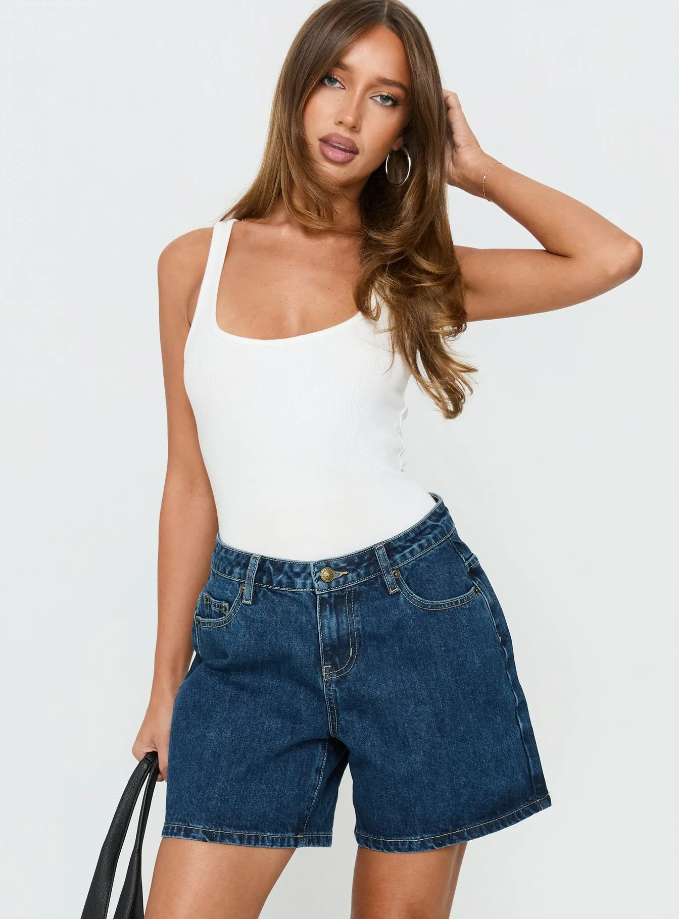 Dreamful Relaxed Longline Denim Shorts Mid Blue Wash sold by Princess Polly