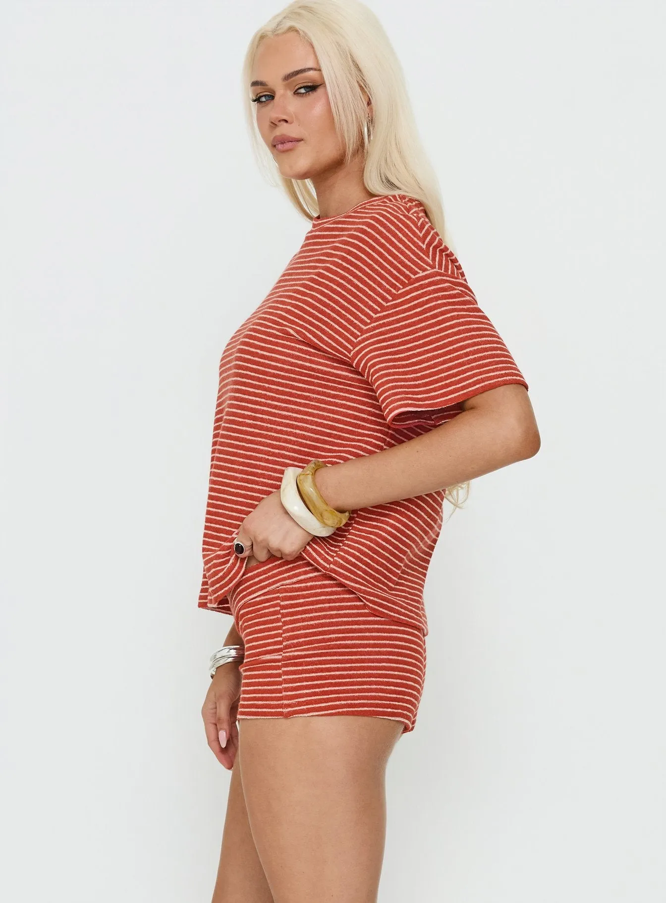 Rubez Terry Towelling Micro Shorts Burnt Orange Stripe sold by Princess Polly product image thumbnail 4
