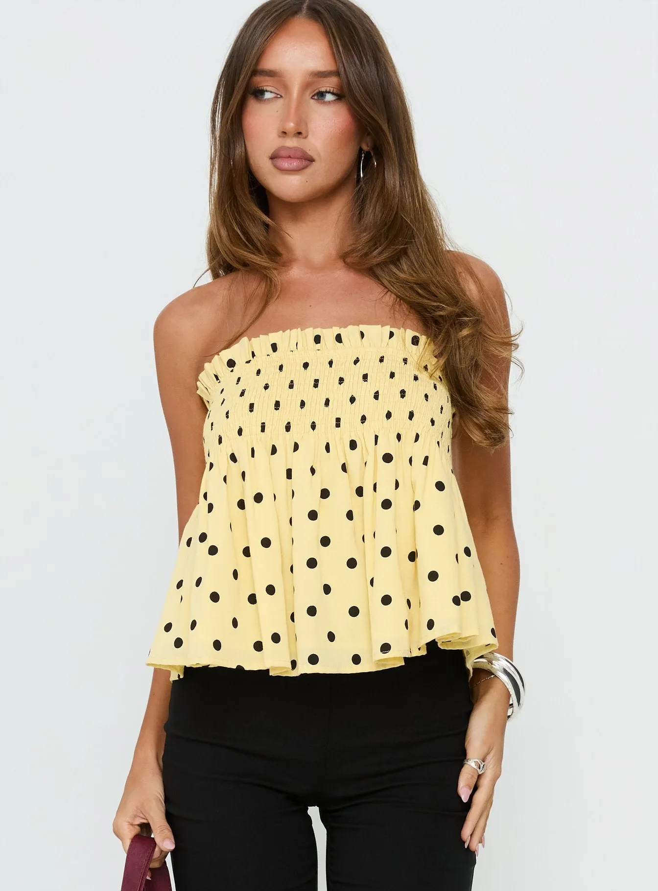 Peachy Keen Frill Cami Top Yellow Polka Dot sold by Princess Polly product image thumbnail 2