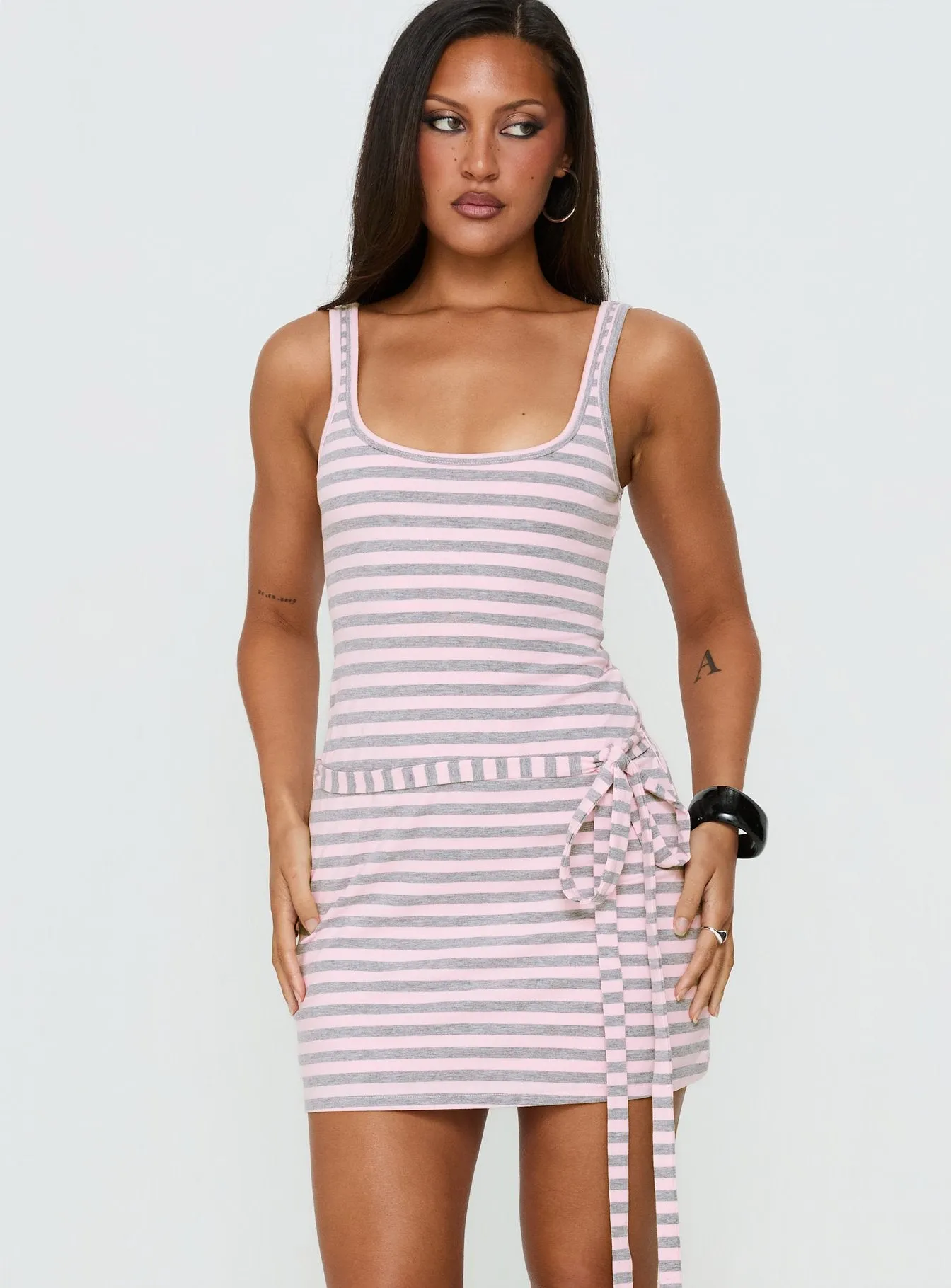 Favourite Daughter Tie Detail Mini Dress Pink / Grey Stripe sold by Princess Polly product image thumbnail 2