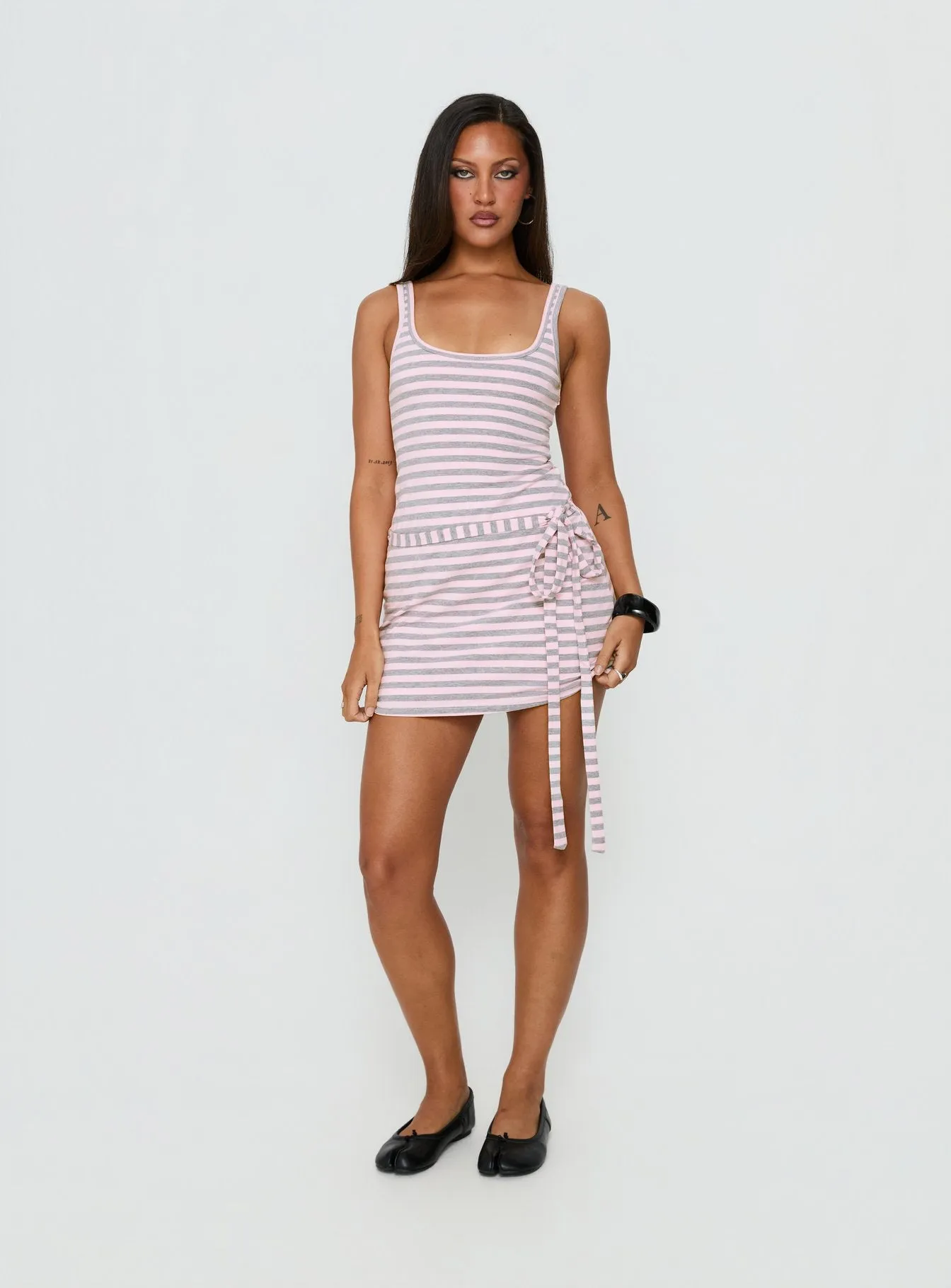Favourite Daughter Tie Detail Mini Dress Pink / Grey Stripe sold by Princess Polly product image thumbnail 3