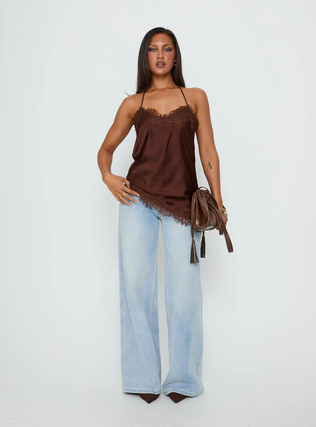 Cosetta Lace Trim Asymmetrical Cami Top Chocolate sold by Princess Polly product image thumbnail 3