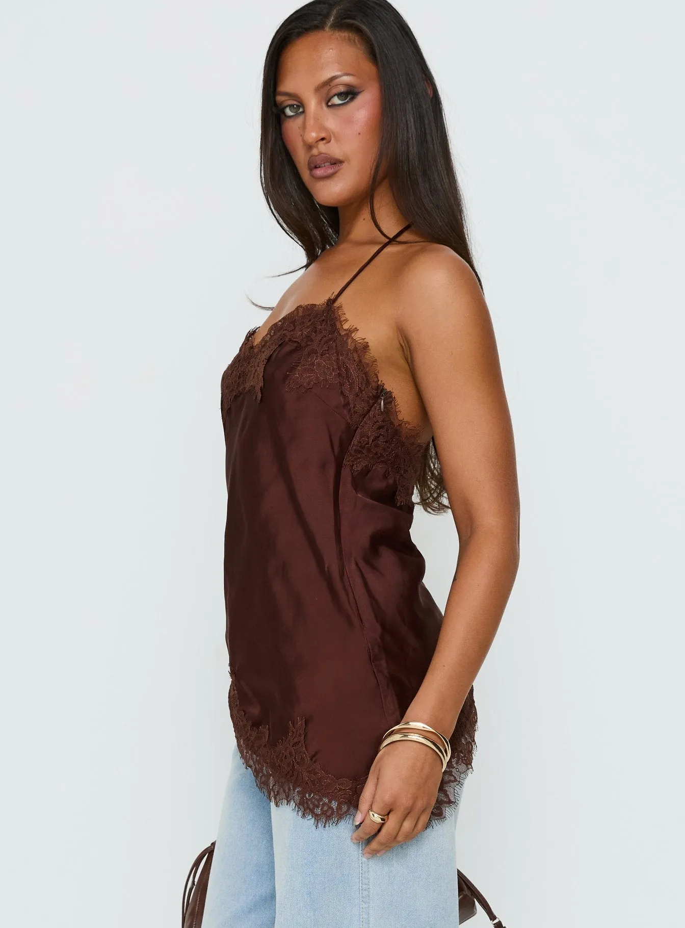 Cosetta Lace Trim Asymmetrical Cami Top Chocolate sold by Princess Polly product image thumbnail 4