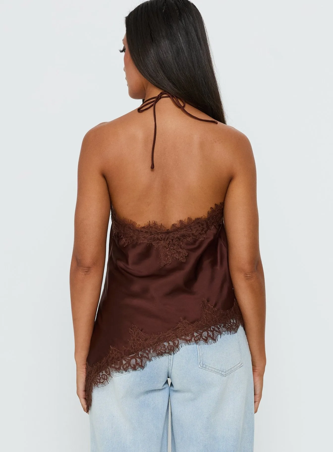 Cosetta Lace Trim Asymmetrical Cami Top Chocolate sold by Princess Polly product image thumbnail 5