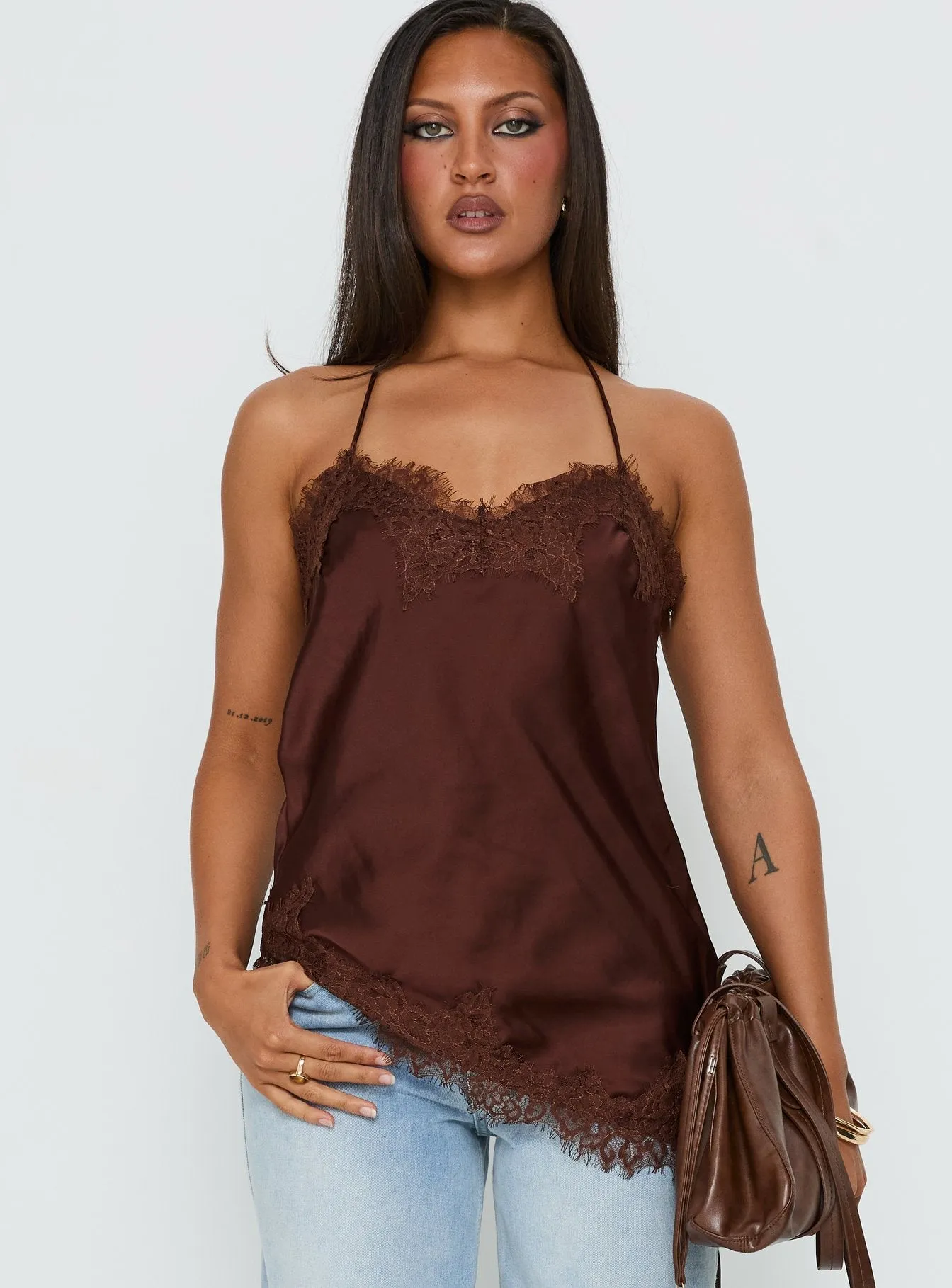 Cosetta Lace Trim Asymmetrical Cami Top Chocolate sold by Princess Polly product image thumbnail 2
