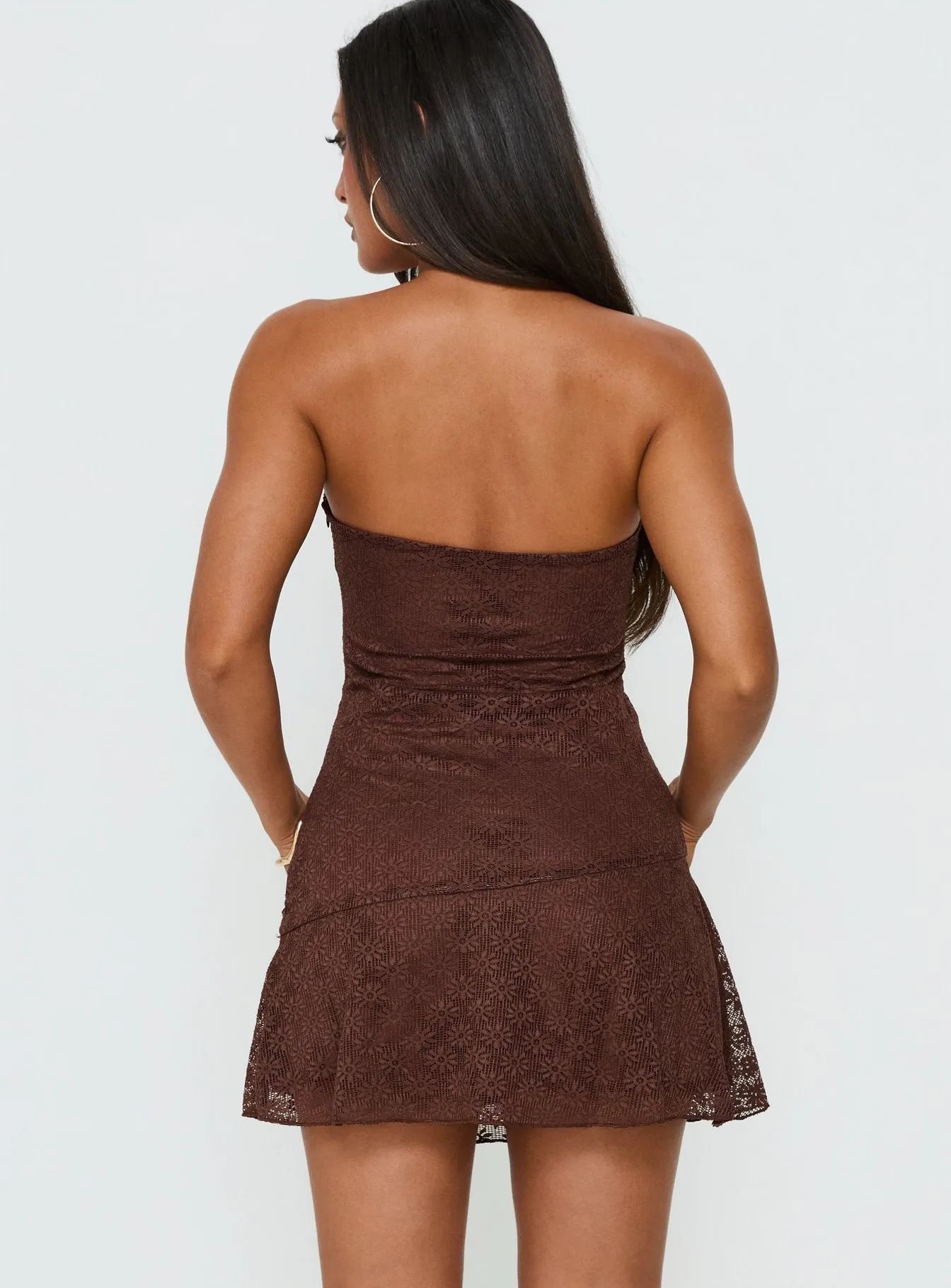 Cavalier Strapless Lace Mini Dress Chocolate sold by Princess Polly product image thumbnail 4