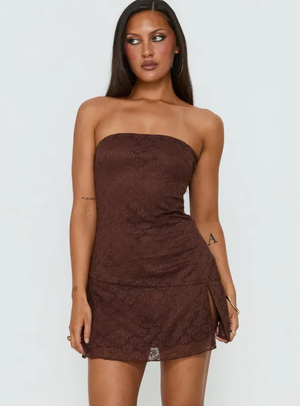 Cavalier Strapless Lace Mini Dress Chocolate made by Princess Polly