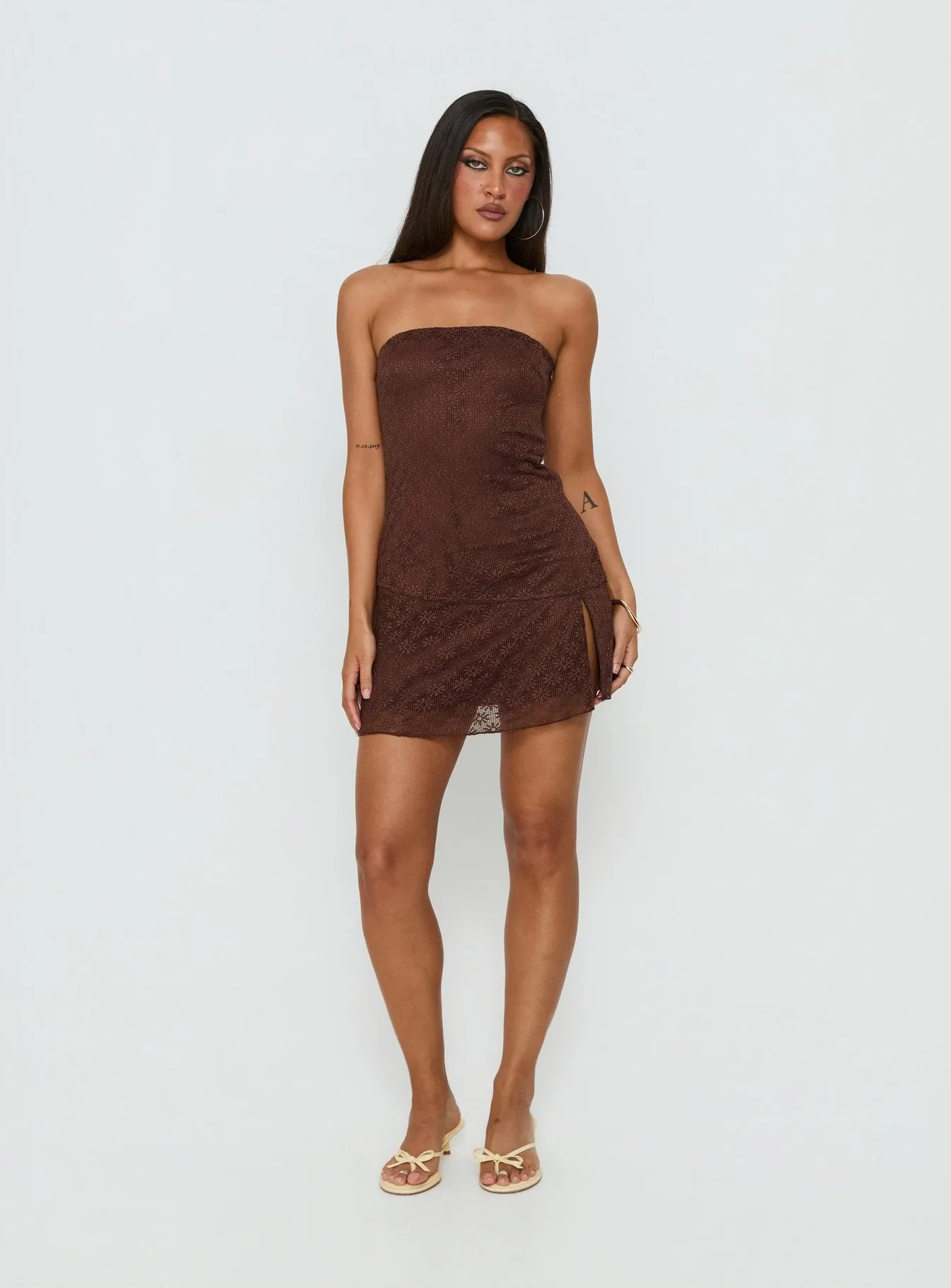 Cavalier Strapless Lace Mini Dress Chocolate sold by Princess Polly product image thumbnail 2
