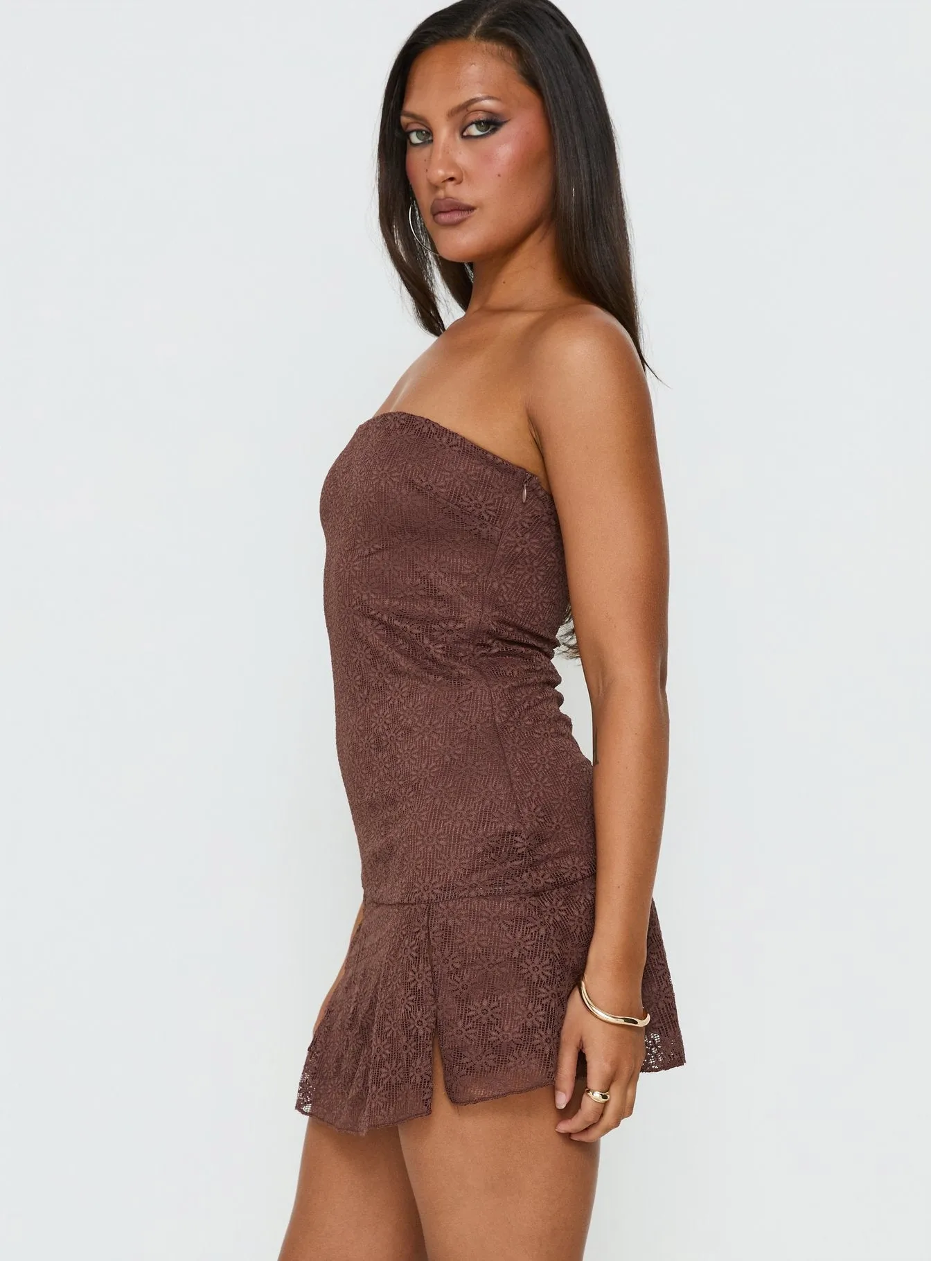 Cavalier Strapless Lace Mini Dress Chocolate sold by Princess Polly product image thumbnail 3