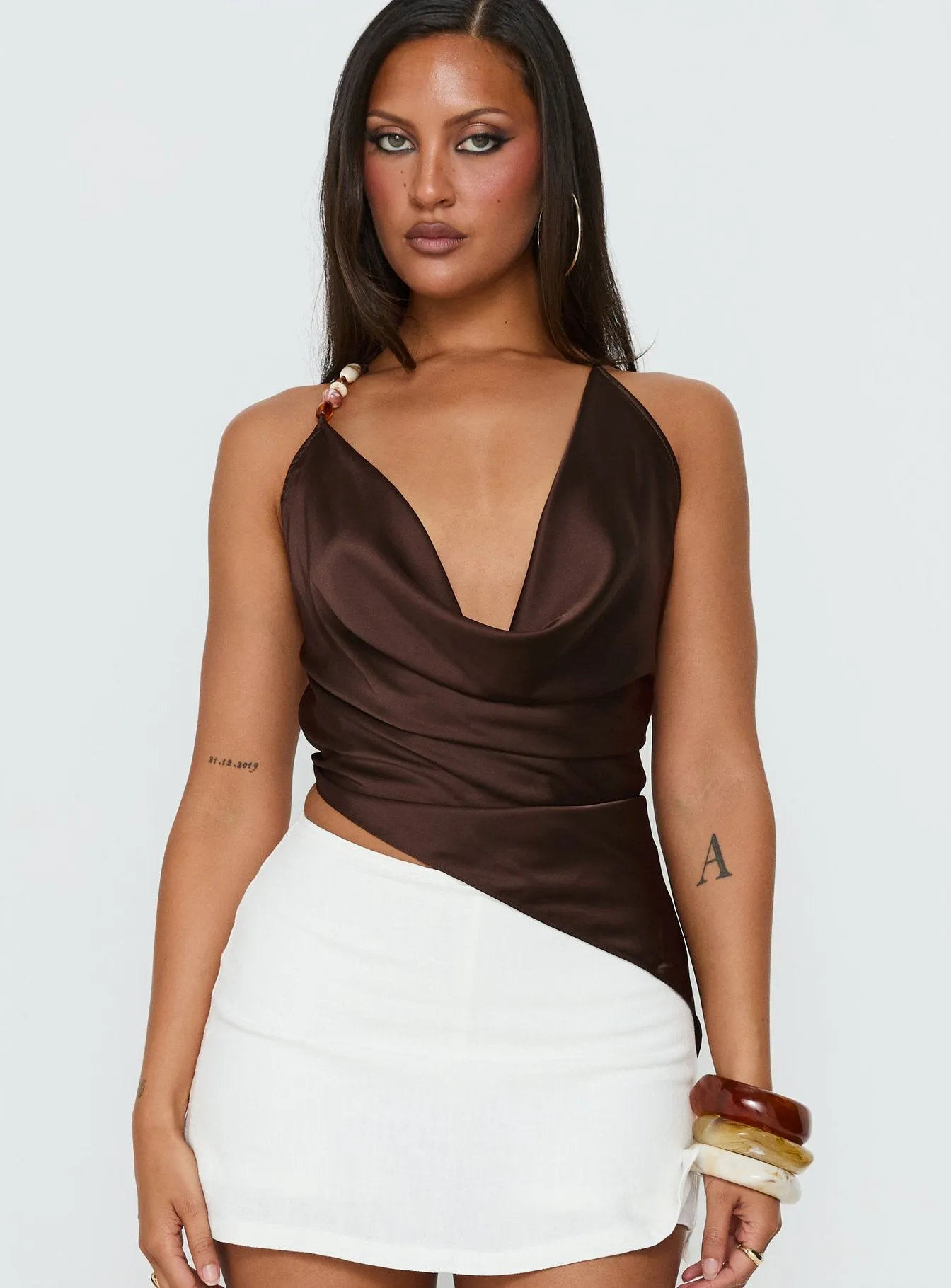 Rejuvenation Cowl Asymmetrical Backless Top Chocolate sold by Princess Polly