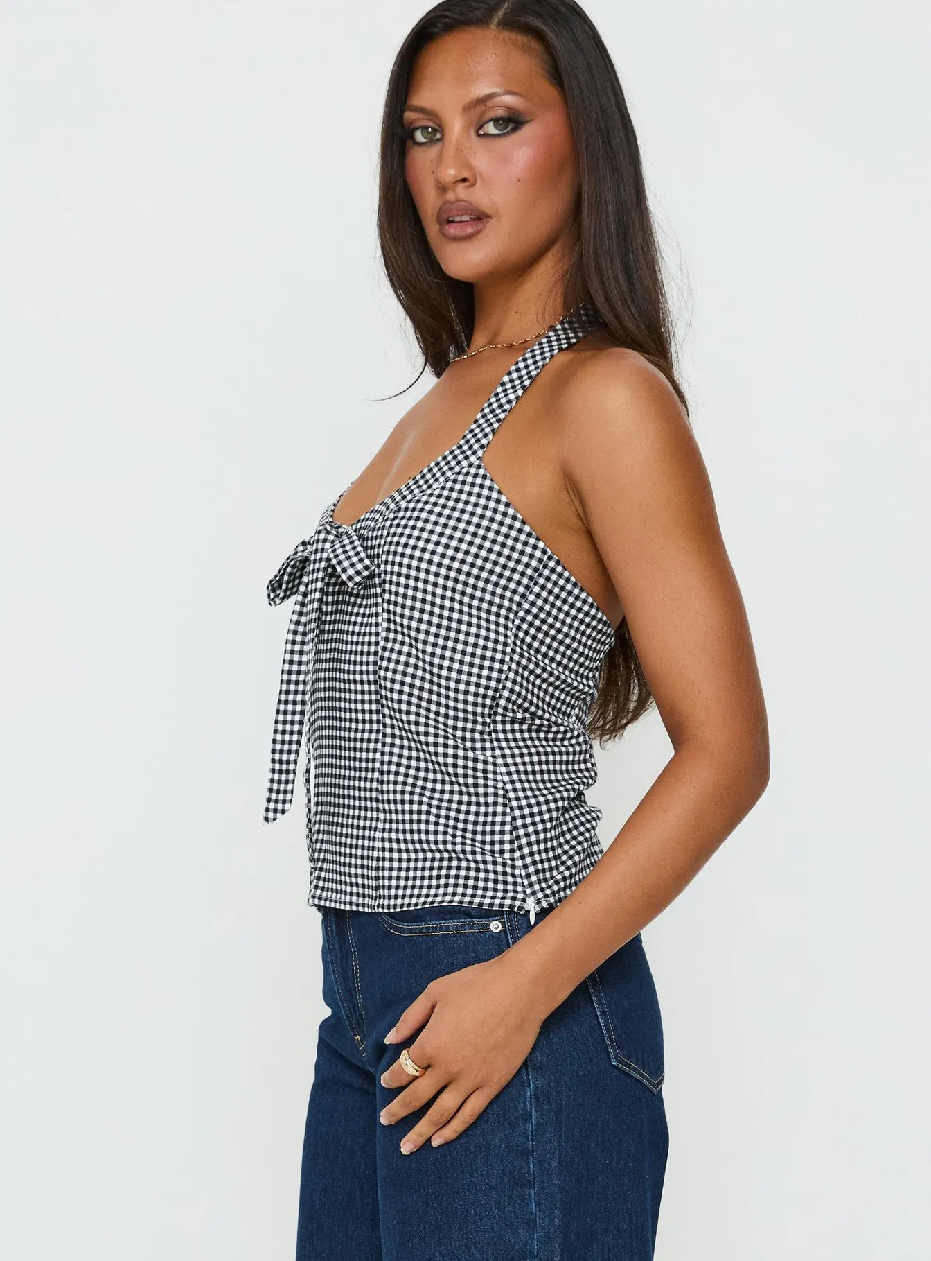 Puzzle Pieces Tie Detail Halter Top Black / White Gingham sold by Princess Polly product image thumbnail 3
