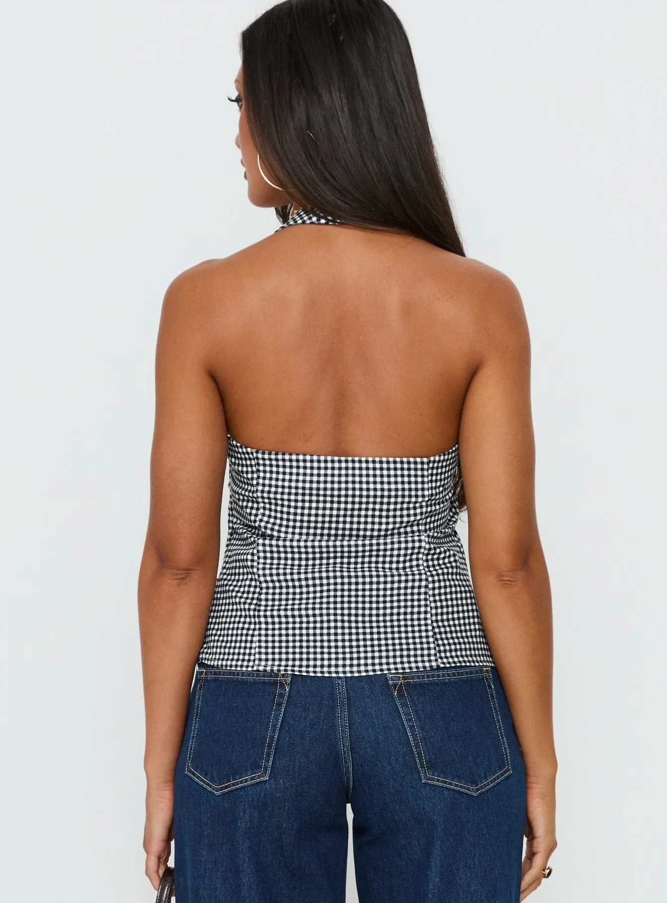 Puzzle Pieces Tie Detail Halter Top Black / White Gingham sold by Princess Polly product image thumbnail 4