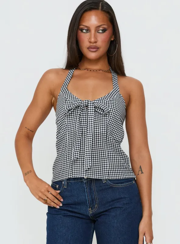 Puzzle Pieces Tie Detail Halter Top Black / White Gingham made by Princess Polly