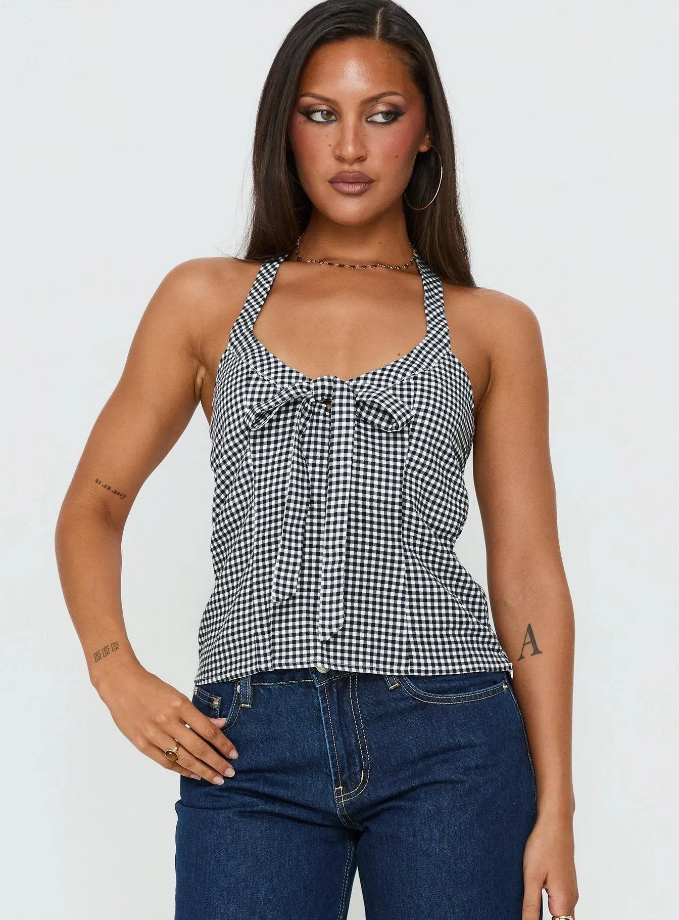Puzzle Pieces Tie Detail Halter Top Black / White Gingham sold by Princess Polly