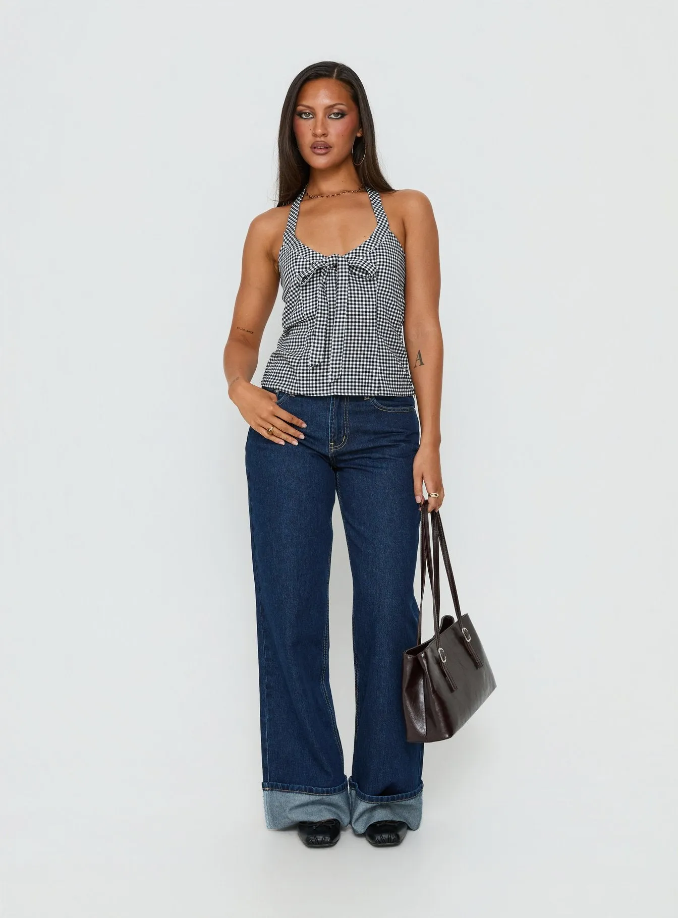 Puzzle Pieces Tie Detail Halter Top Black / White Gingham sold by Princess Polly product image thumbnail 2