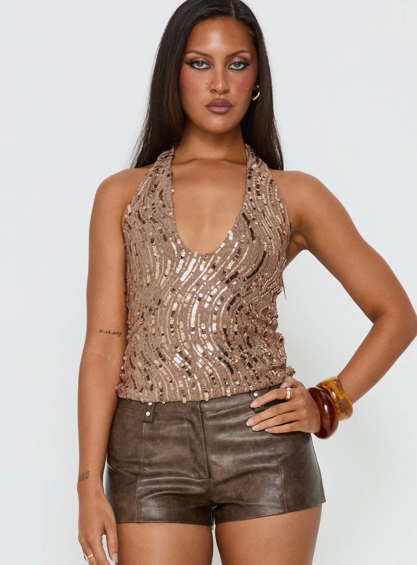 Slone Sequin Halter Top Gold Shimmer sold by Princess Polly product image thumbnail 2