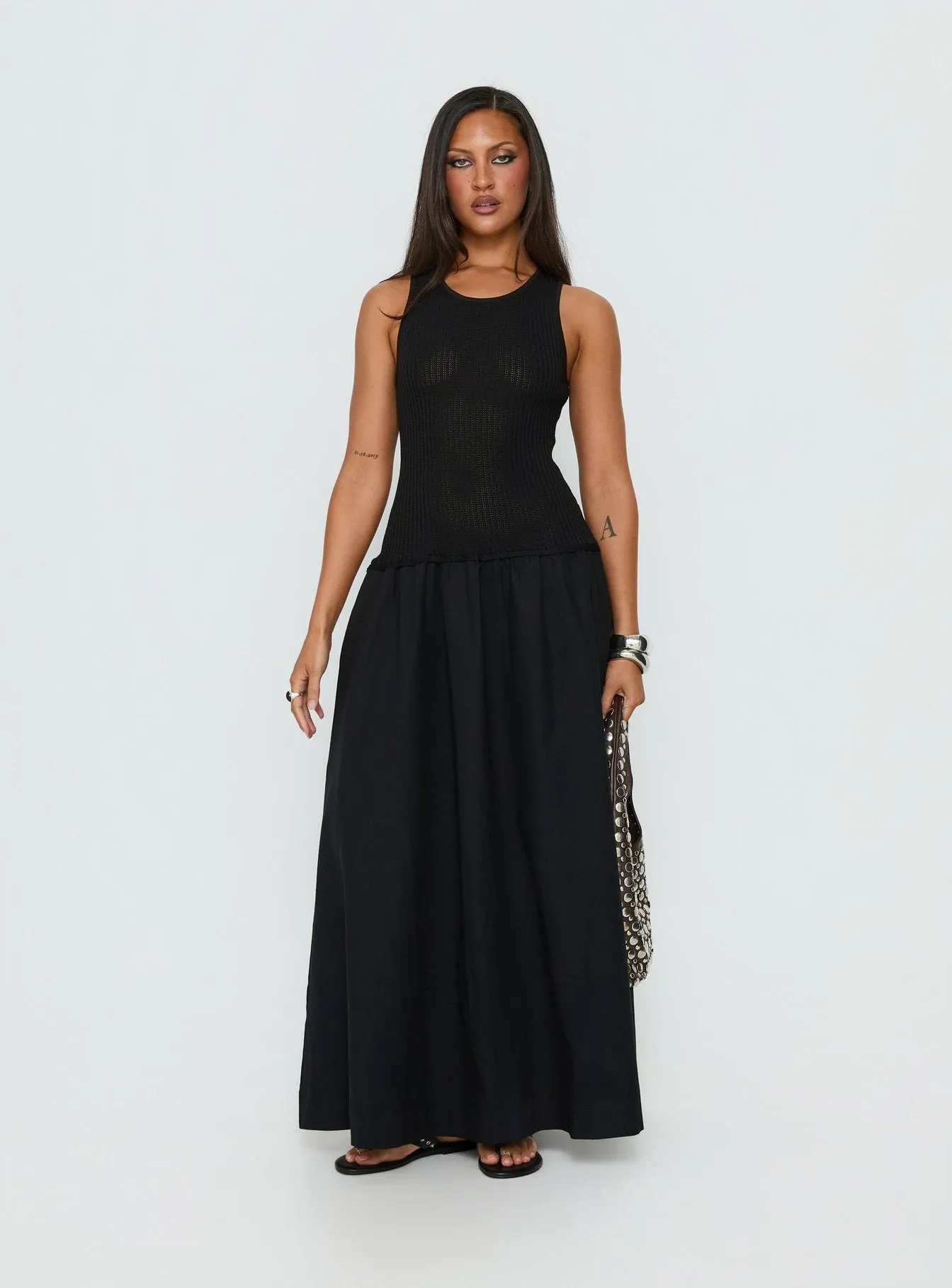 Carlene Shirred Drop Waist Maxi Dress Black sold by Princess Polly