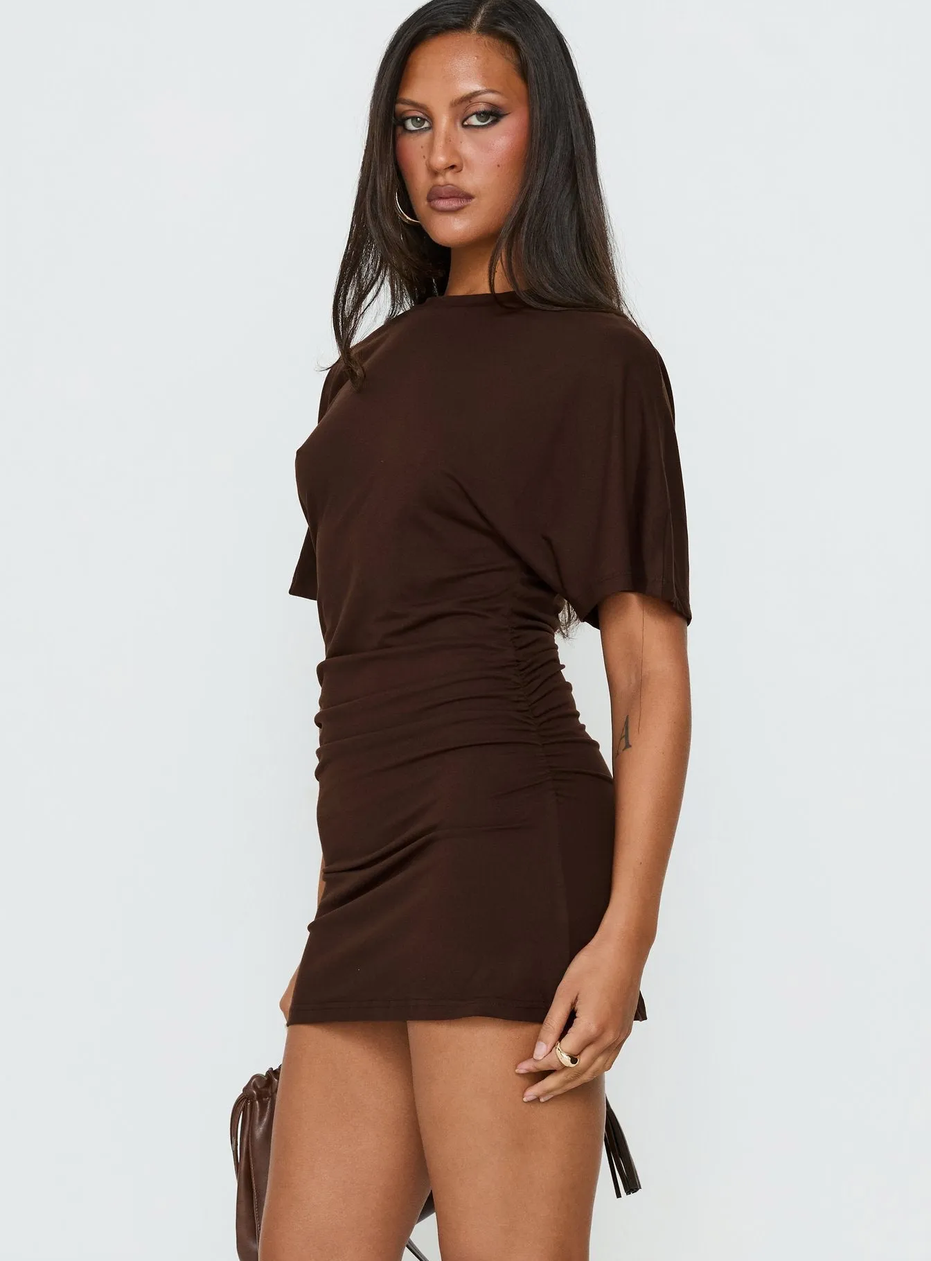 Hunni Ruched Shirt Mini Dress Brown sold by Princess Polly product image thumbnail 3