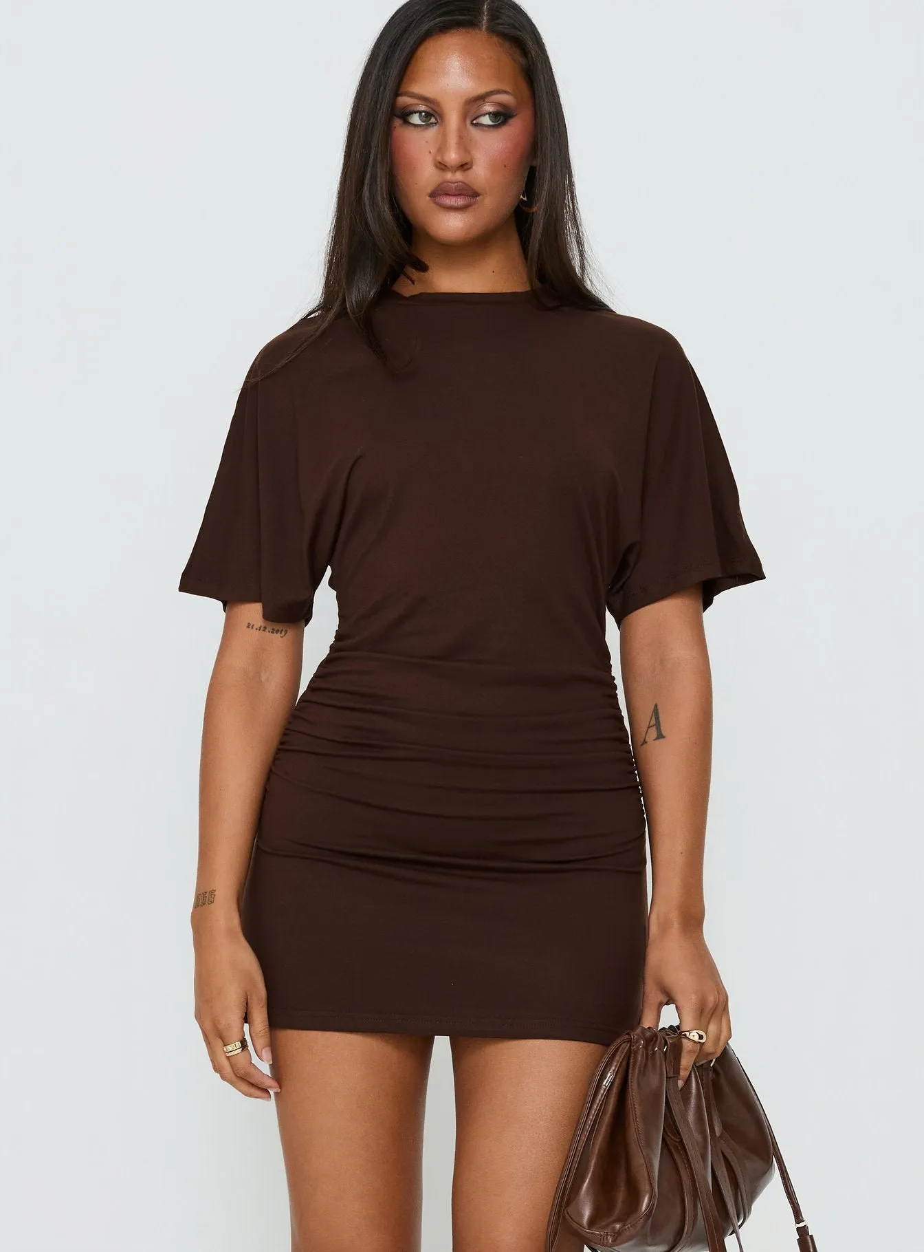 Hunni Ruched Shirt Mini Dress Brown sold by Princess Polly