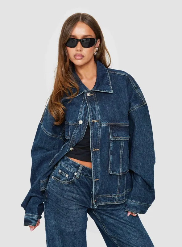 Kier Oversized Jacket Denim Dark Blue Wash made by Princess Polly