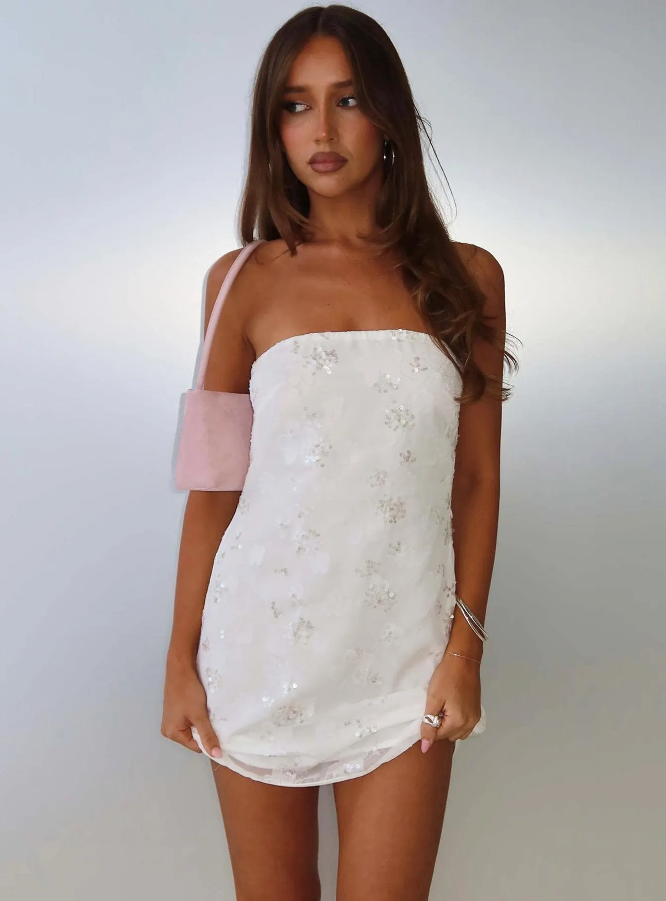 Karlottie Strapless Mini Dress White Burnout sold by Princess Polly