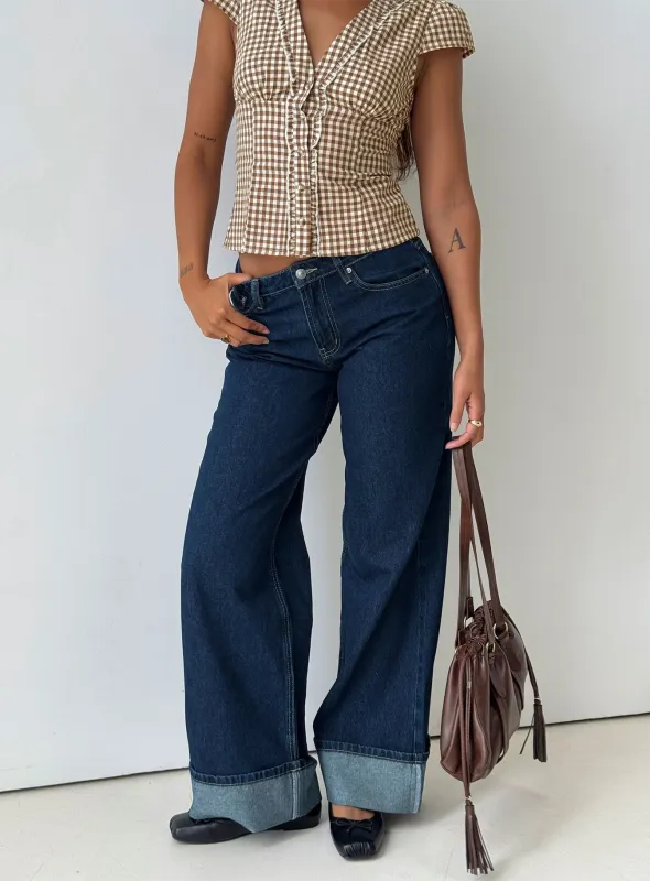 Darla Low Rise Straight Leg Cuff Jean Dark Blue Wash made by Princess Polly