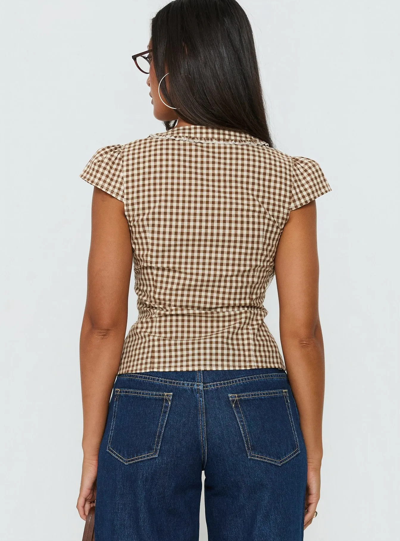 Bradlie Frill Detail Short Sleeve Blouse Top Chocolate Gingham sold by Princess Polly product image thumbnail 5