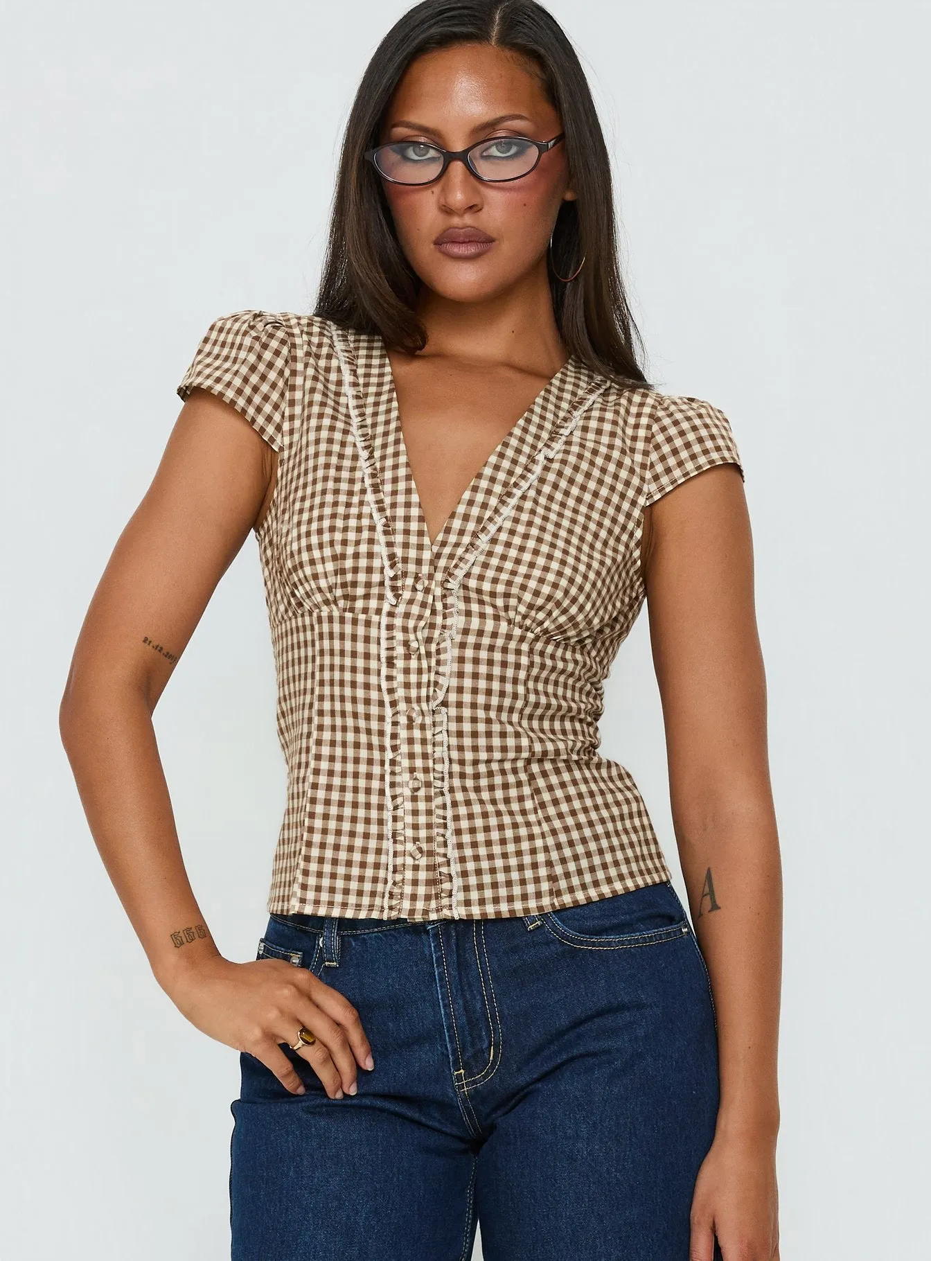 Bradlie Frill Detail Short Sleeve Blouse Top Chocolate Gingham sold by Princess Polly product image thumbnail 2