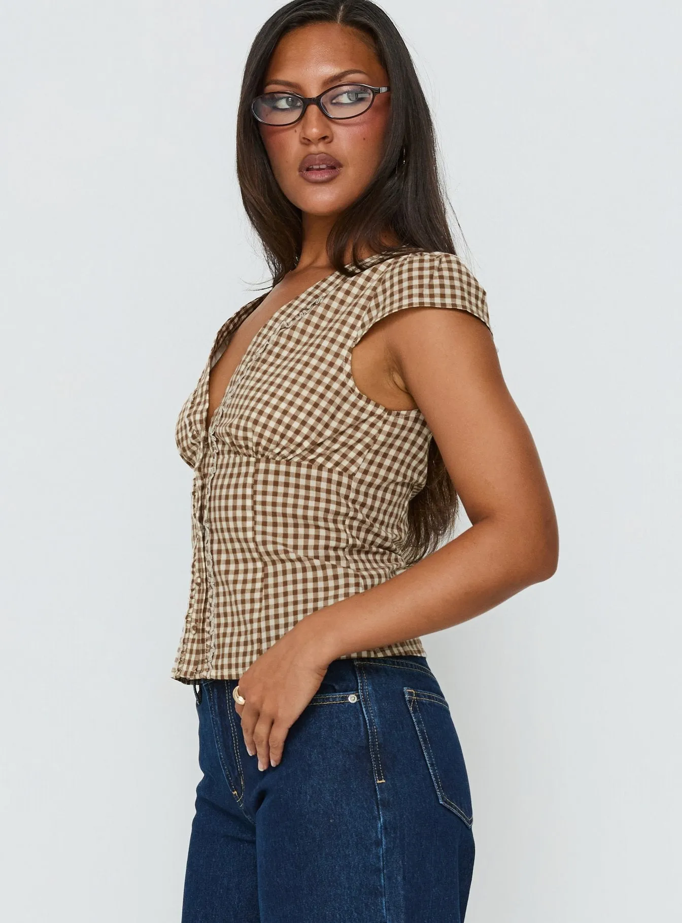 Bradlie Frill Detail Short Sleeve Blouse Top Chocolate Gingham sold by Princess Polly product image thumbnail 4