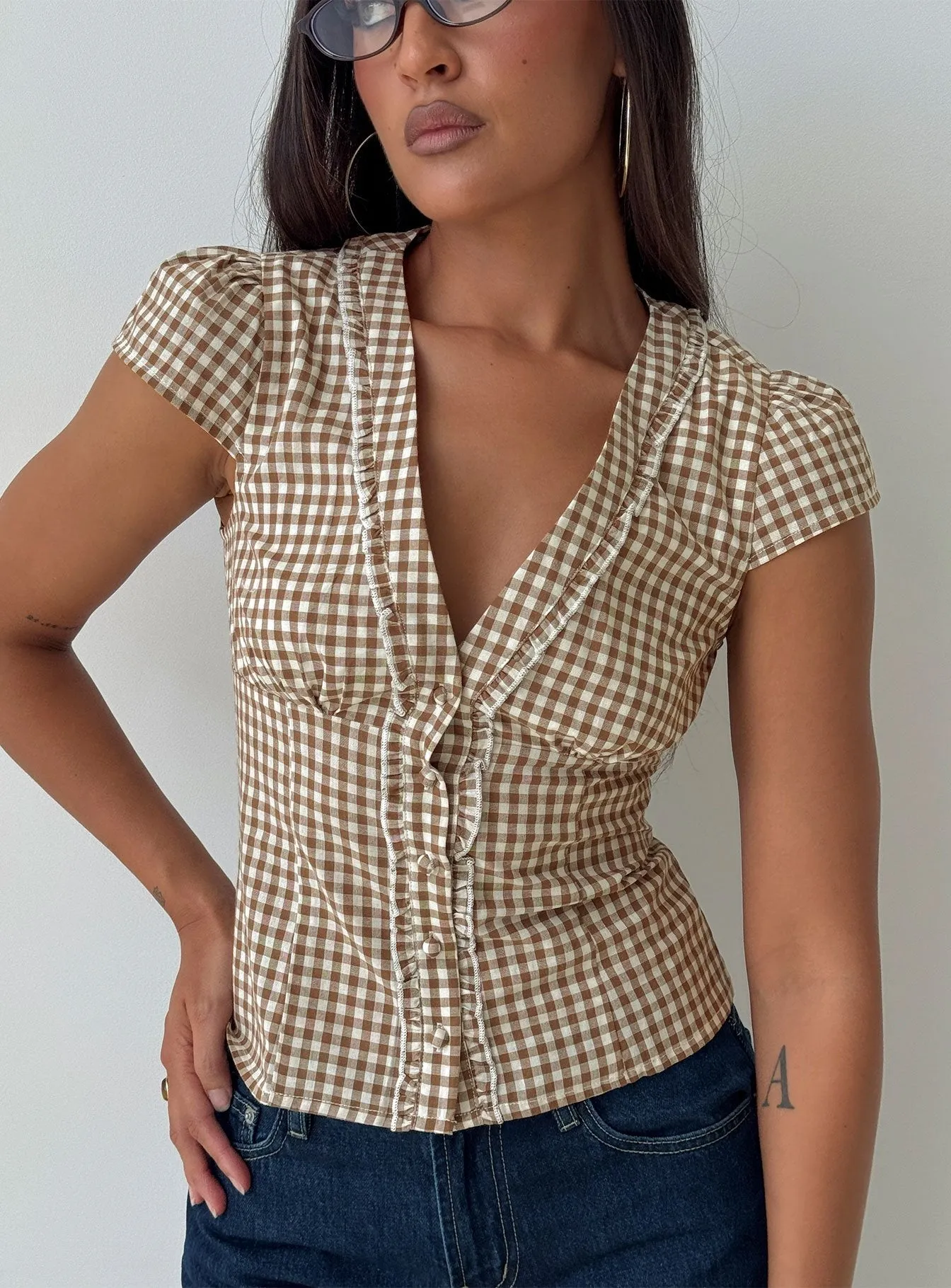 Bradlie Frill Detail Short Sleeve Blouse Top Chocolate Gingham sold by Princess Polly
