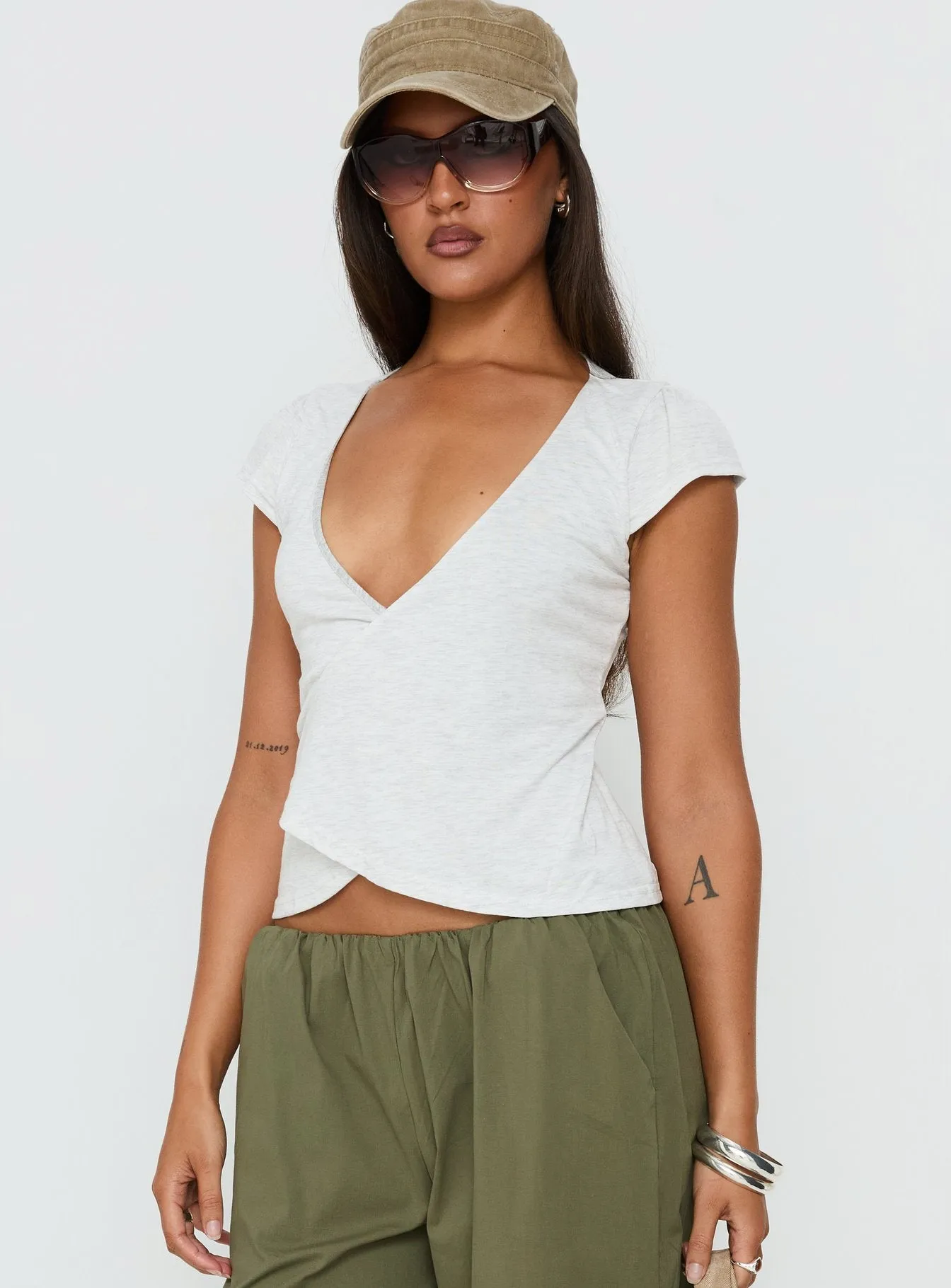 Stefanee Short Sleeve Wrap Top Light Grey Marle sold by Princess Polly product image thumbnail 2