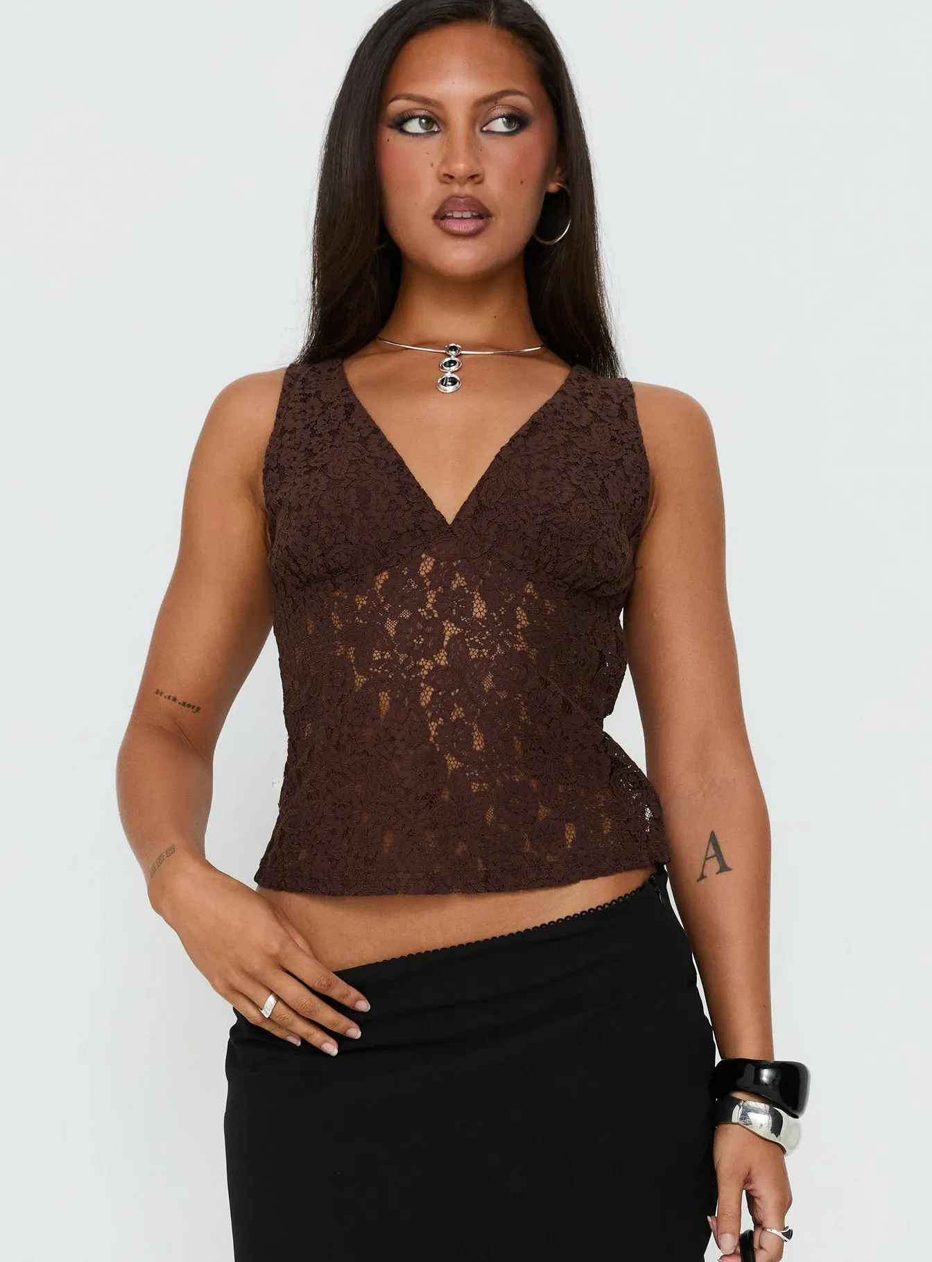 Aydinn Lace Plunge Neck Top Brown sold by Princess Polly product image thumbnail 2