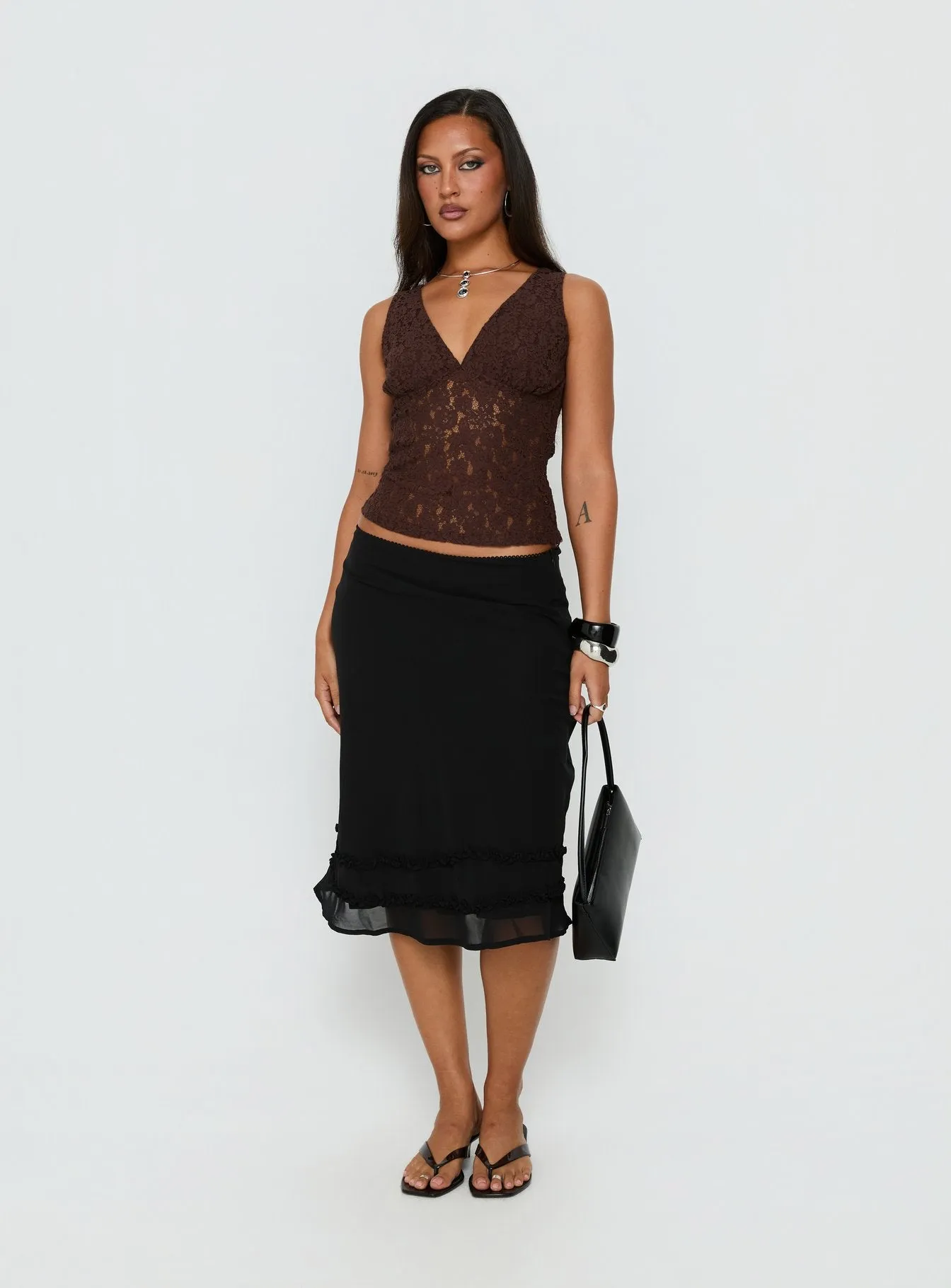 Aydinn Lace Plunge Neck Top Brown sold by Princess Polly product image thumbnail 3