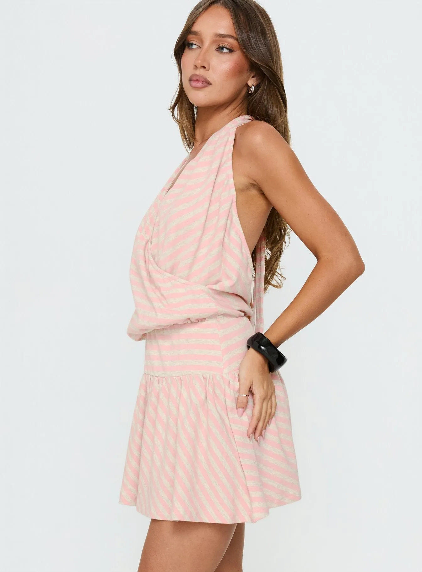 Joelie Halter Draped Mini Dress Pink / Grey Stripe sold by Princess Polly product image thumbnail 3