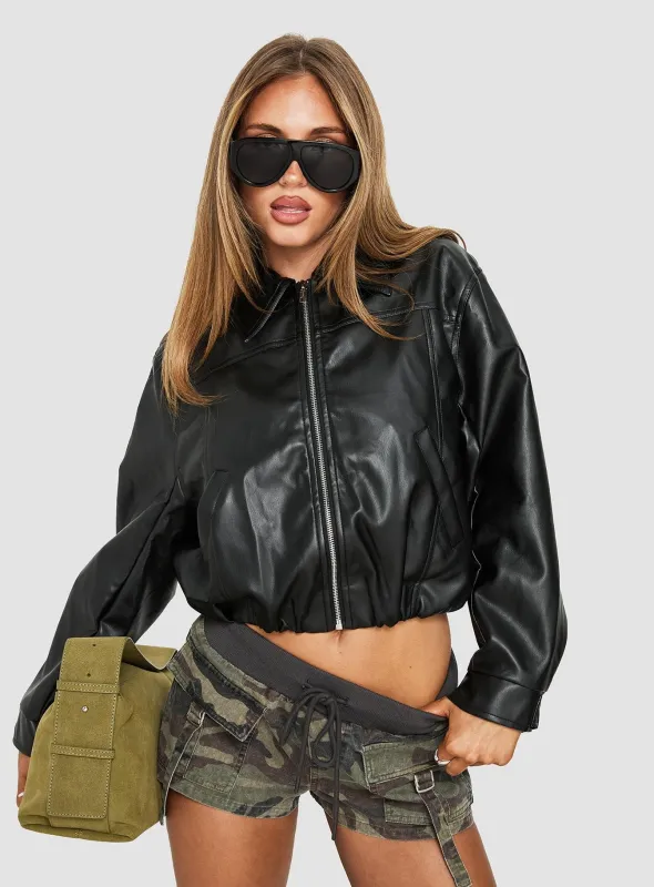 Panoramic Faux Leather Cropped Jacket Black made by Princess Polly