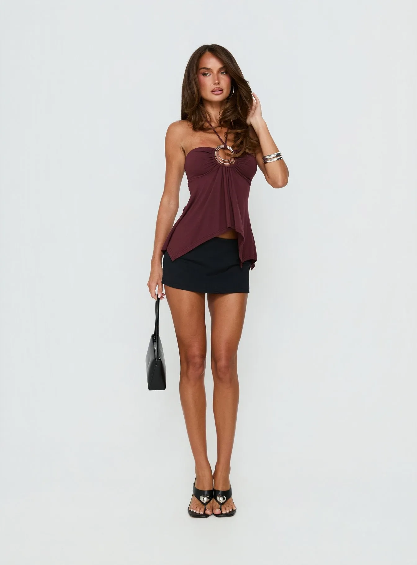 Betsey Ring Detail Tie Neck Top Burgundy sold by Princess Polly product image thumbnail 3
