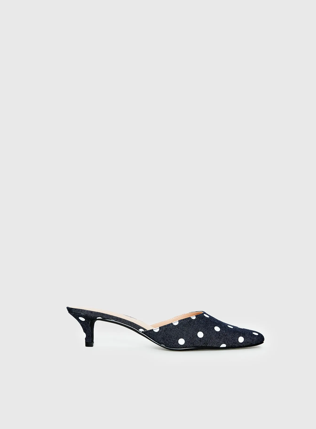 Kaelina Kitten Heels Denim Polka sold by Princess Polly