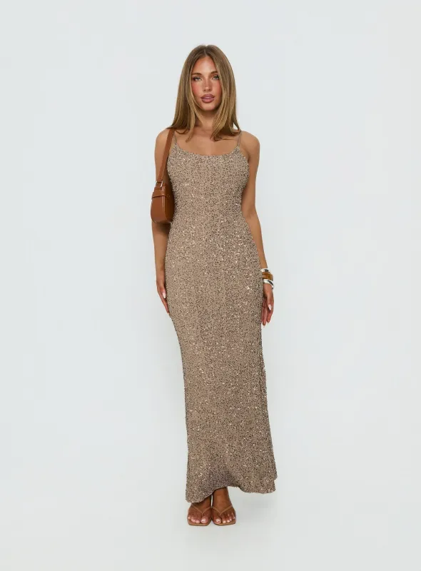 Knox Maxi Dress Brown Sequin made by Princess Polly