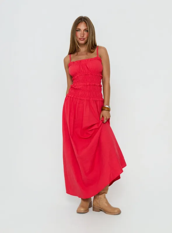 Rubiella Shirred Maxi Dress Red made by Princess Polly