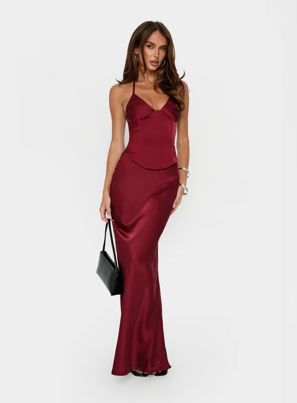 Devotedness Satin Corset Maxi Dress Deep Red made by Princess Polly