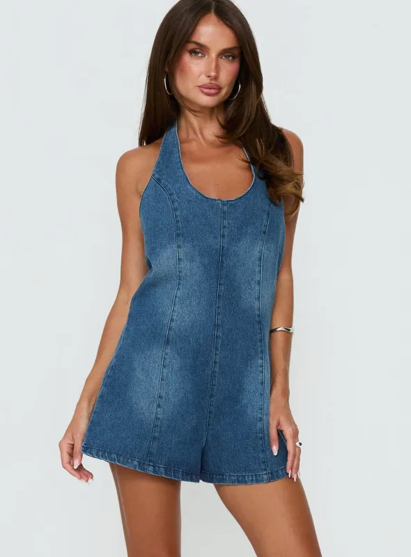 Ardenia Hatler Denim Playsuit Mid Blue Wash made by Princess Polly