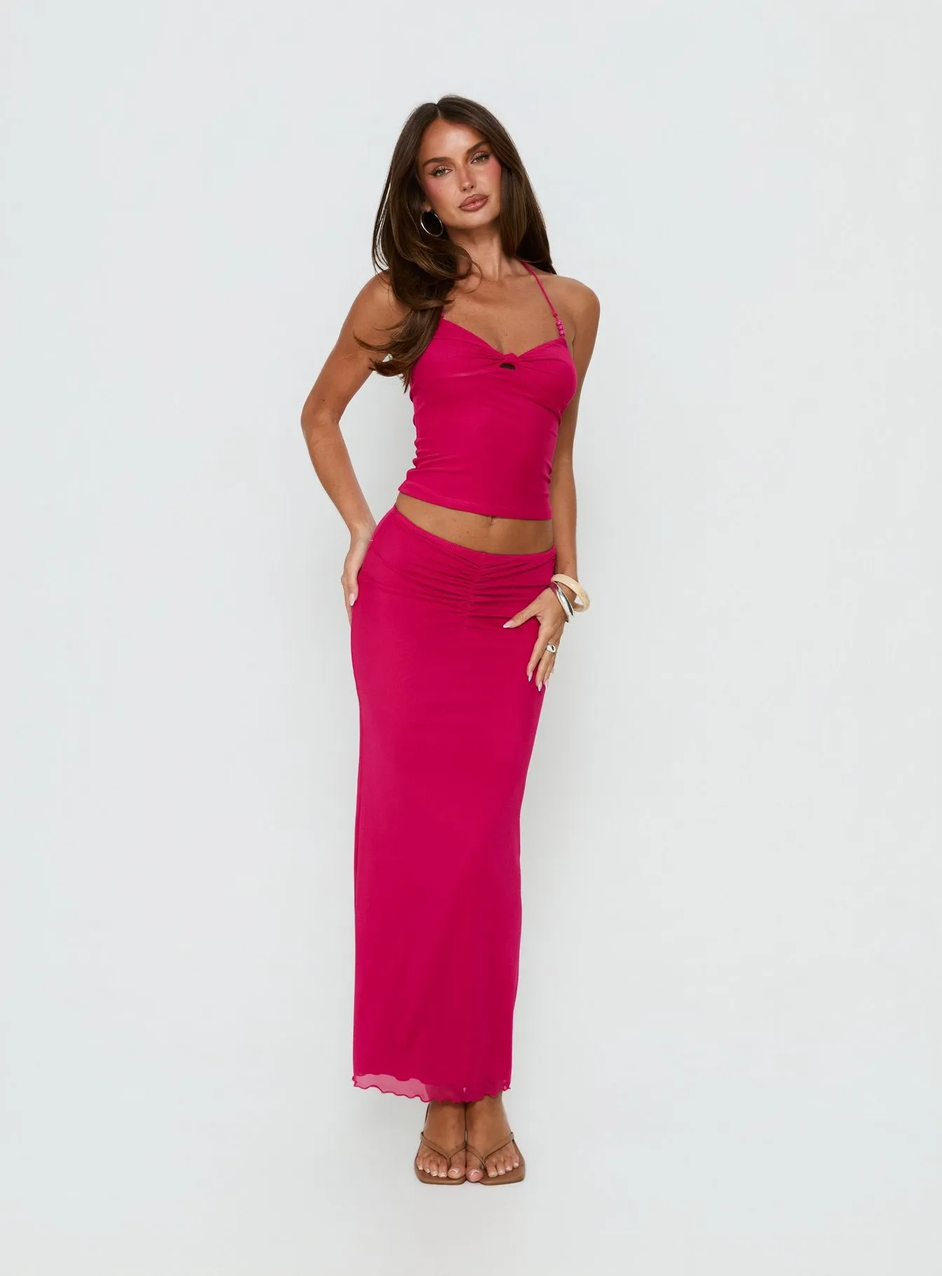 Jailon Ruched Maxi Skirt Guava sold by Princess Polly