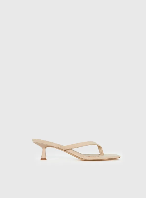 So Exclusive Faux Suede Thong Heels Tan made by Princess Polly