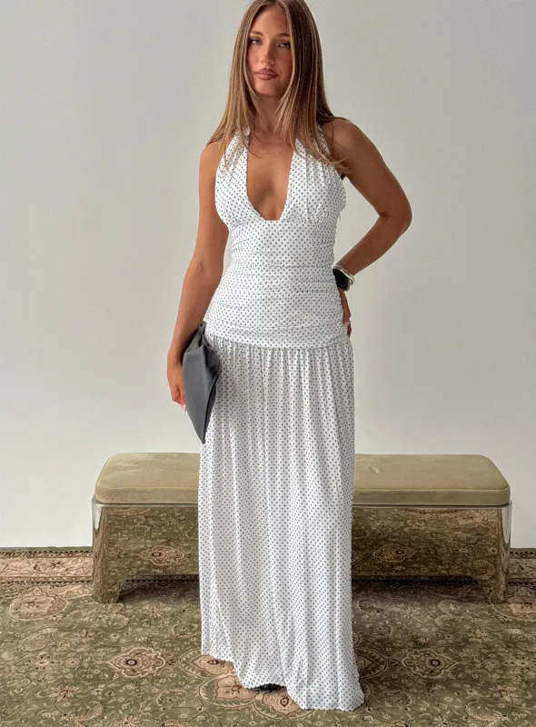 Millen Gathered Waist Halter Maxi Dress White Polka Dot made by Princess Polly