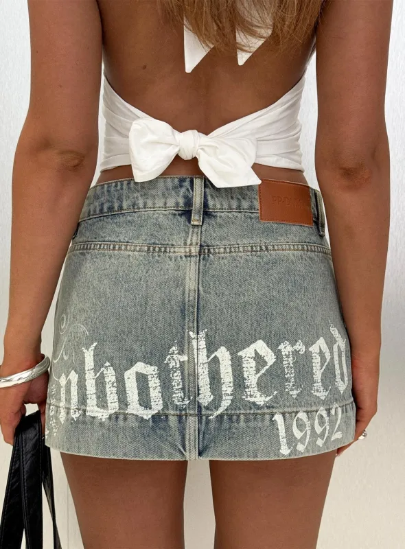 Arigatou Graphic Denim Mini Skirt Light Blue made by Princess Polly