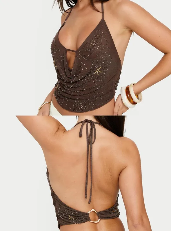 Danee Beaded Mesh Halter Top Brown made by Princess Polly
