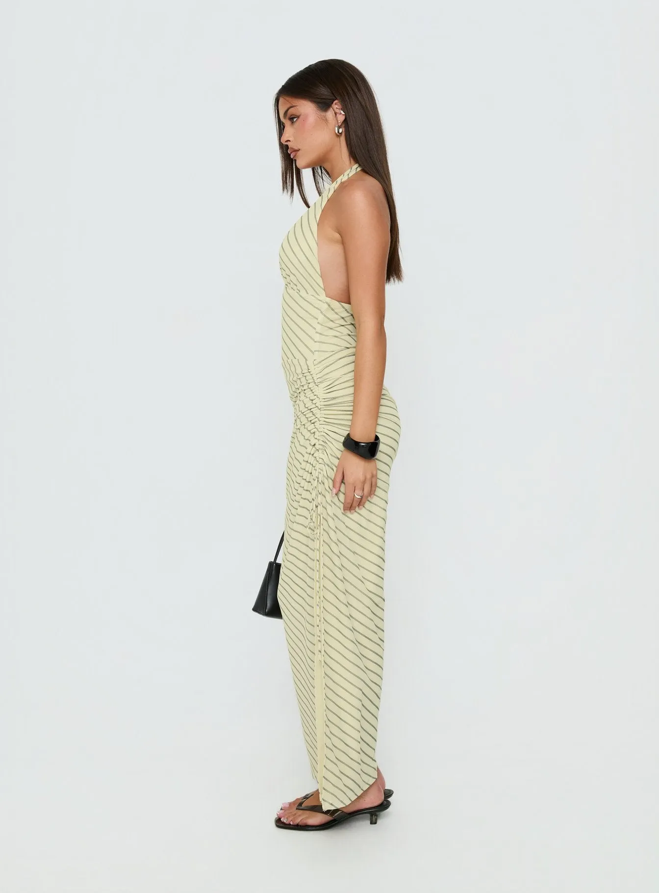 Adolena Halter Ruched Maxi Dress Yellow Stripe sold by Princess Polly product image thumbnail 3