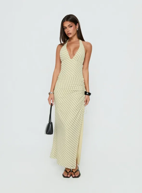 Adolena Halter Ruched Maxi Dress Yellow Stripe made by Princess Polly