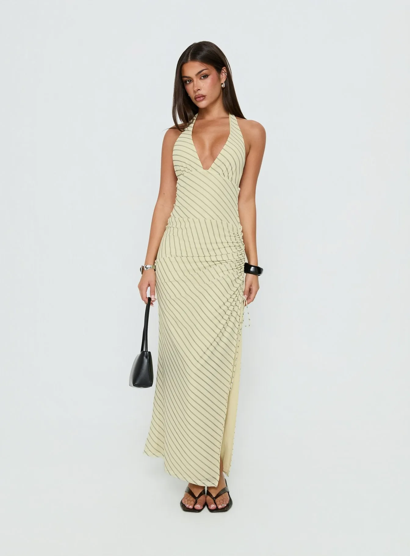Adolena Halter Ruched Maxi Dress Yellow Stripe sold by Princess Polly