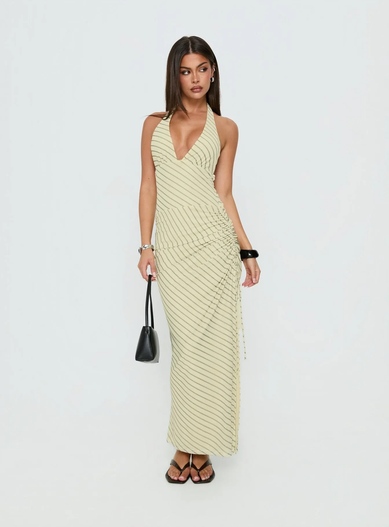 Adolena Halter Ruched Maxi Dress Yellow Stripe sold by Princess Polly product image thumbnail 2